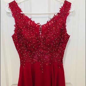 A-line chiffon, Knee length, lace, open back.